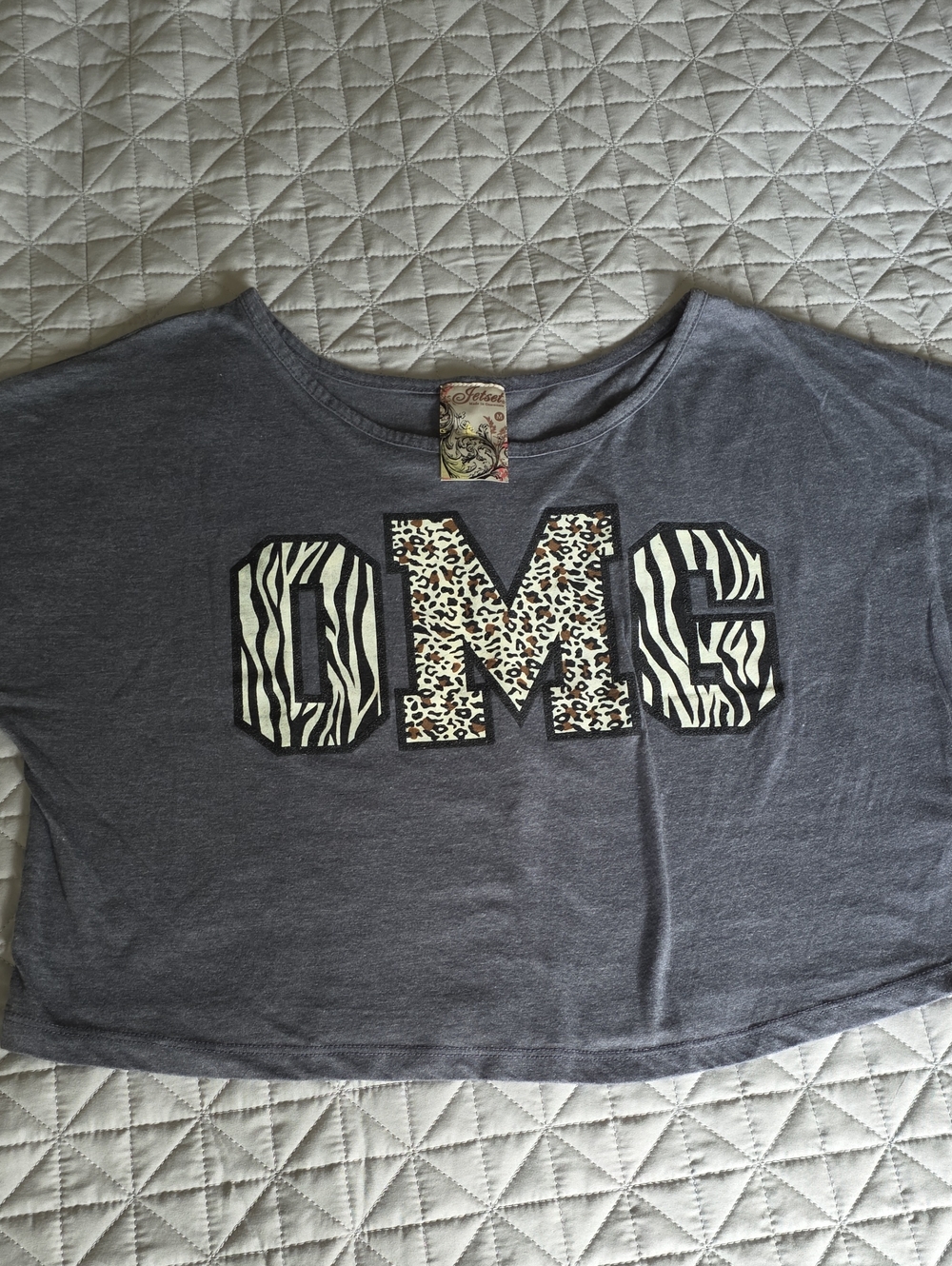 The Jetset Gray Crop Top with 'OMG' Animal Print Letters